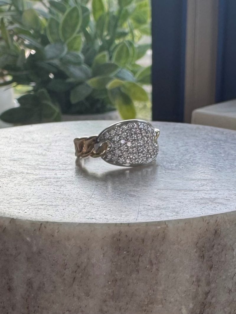 14K two-tone gold round brilliant diamond pavé cluster ring, 0.50 CTW G-H/VS–SI, white gold teardrop pavé head, braided curb-link yellow gold shank, size 7, 5.4 grams, contemporary
