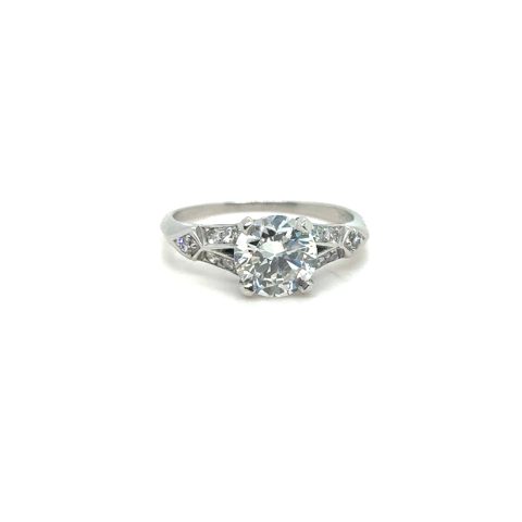 Platinum old European cut diamond Art Deco engagement ring, 1.25 ct G-H/VS1–VS2 center stone, geometric stepped shoulders with single-cut diamond accents, plain polished tapered shank, size 5