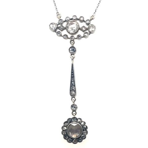 Edwardian platinum foiled rose cut diamond pendant necklace