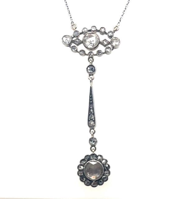 Edwardian platinum foiled rose cut diamond pendant necklace
