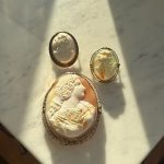 Art Deco 10k yellow gold hand-carved shell cameo brooch with rope-twist border
