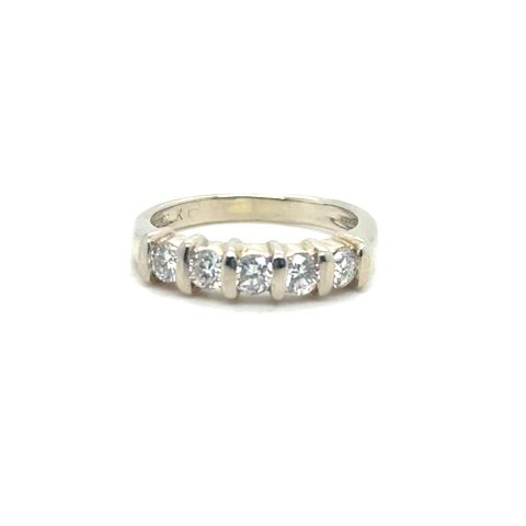 14K white gold five-stone round brilliant diamond band, approx. 0.50 CTW G-H/VS–SI, shared-prong setting, plain polished shank, size 4, contemporary