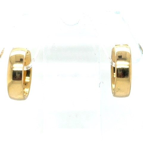 14K yellow gold high polish huggie hoop earrings, wide convex profile, hinged snap-back closure, 19mm diameter, 5 grams, late 20th century