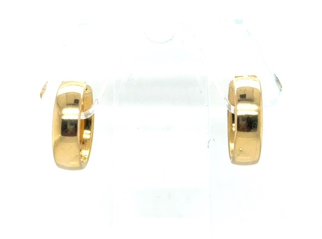 14K yellow gold high polish huggie hoop earrings, wide convex profile, hinged snap-back closure, 19mm diameter, 5 grams, late 20th century