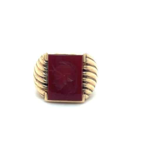 10K yellow gold carnelian intaglio ring, hand-carved Roman warrior subject, size 10, Mid Century