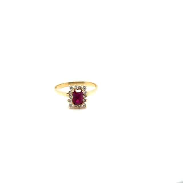 14K yellow gold ruby and round brilliant diamond ring, approx. 0.79 ct center stone, size 7.5, 2.4 grams
