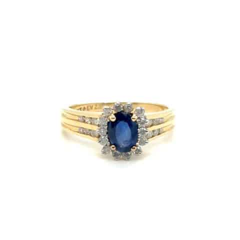 14K two-tone gold sapphire and diamond halo ring, 0.84 ct center stone, 0.53 CTW accent diamonds, size 8