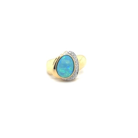 14K yellow gold opal slice and round brilliant diamond ring, size 9.25, 6.1 grams