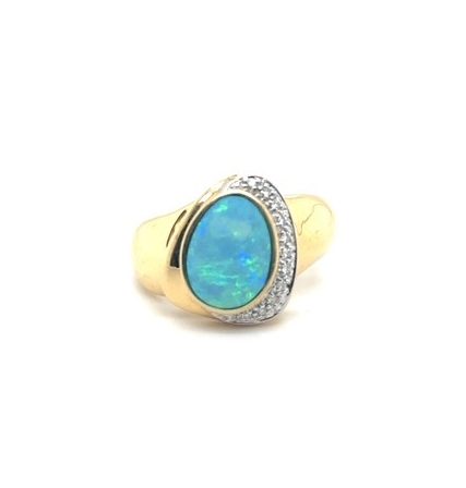 14K yellow gold opal slice and round brilliant diamond ring, size 9.25, 6.1 grams