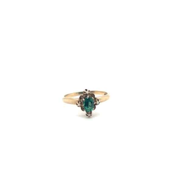 10K yellow gold imitation emerald triplet and seed pearl ring, size 6.25, Victorian era