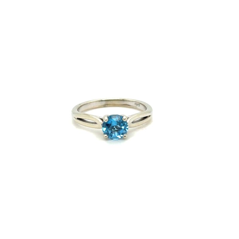 14K white gold 6mm blue topaz ring, size 7, contemporary