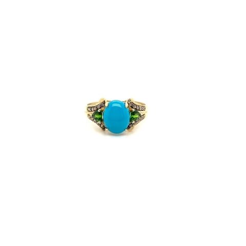 10K yellow gold turquoise, green tourmaline, and brown diamond multi-stone ring, size 8.75