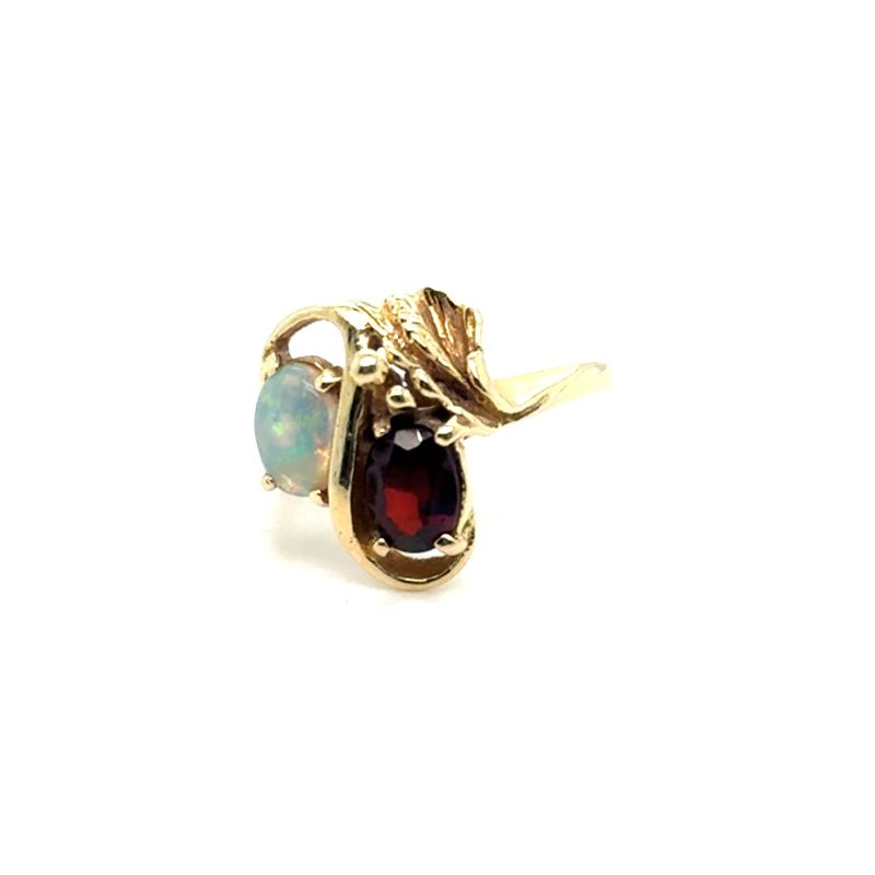 14K yellow gold garnet and opal Victorian Revival ring, size 7, 4.3 grams, 1960s–70s