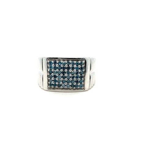 14K white gold treated blue diamond pavé cluster ring, 0.72 CTW I1 clarity, square grid pavé head, wide ribbed grooved shank, men's style, size 9.75
