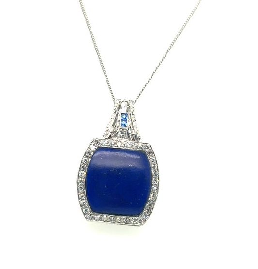 Platinum lapis lazuli and single-cut diamond Art Deco watch face case pendant, 7.24 ct lapis lazuli, 0.48 CTW diamond accents