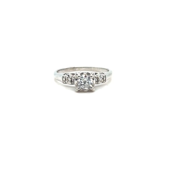 14K white gold old European cut diamond ring, 0.39 ct I/I1 center stone, open work pierced gallery, graduating single-cut diamond shoulder accents, plain polished shank, Retro, late 1940s