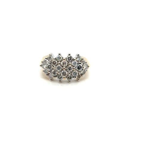 14K two-tone gold round brilliant diamond navette cluster ring, 1.61 CTW J color I1 clarity, three-row graduating shared-prong white gold head, tapered yellow gold shank, size 7.5