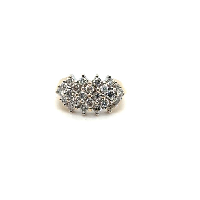 14K two-tone gold round brilliant diamond navette cluster ring, 1.61 CTW J color I1 clarity, three-row graduating shared-prong white gold head, tapered yellow gold shank, size 7.5