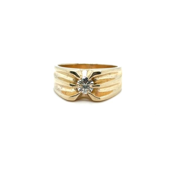 14K yellow gold modern brilliant diamond Belcher-set solitaire ring, 0.55 ct J color I1 clarity, splayed multi-prong head, wide plain polished flat-profile shank, men's style, size 9.5, 10.5 grams, Mid Century, 1960s