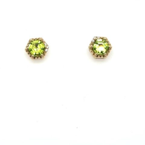 14K yellow gold hexagonal peridot and round brilliant diamond partial halo stud earrings, 1.88 CTW hexagonal peridots, 0.04 CTW diamond accents, geometric hexagonal frame, post backs, contemporary