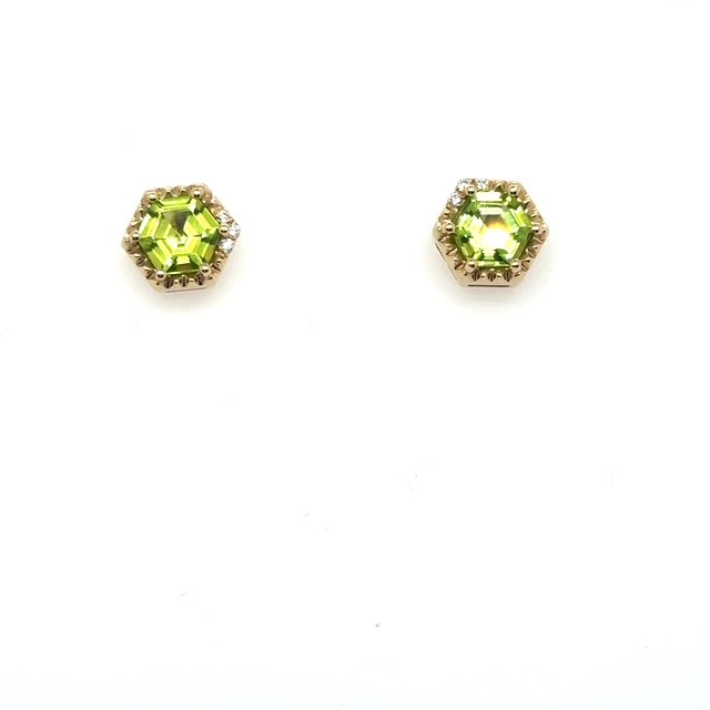 14K yellow gold hexagonal peridot and round brilliant diamond partial halo stud earrings, 1.88 CTW hexagonal peridots, 0.04 CTW diamond accents, geometric hexagonal frame, post backs, contemporary