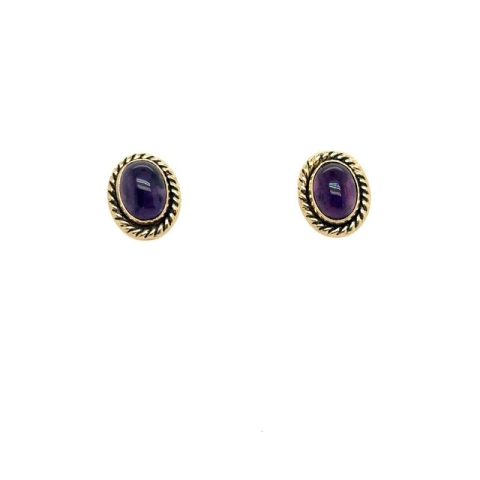 14K yellow gold oval cabochon amethyst stud earrings, rope-twist bezel frame, post backs, vintage