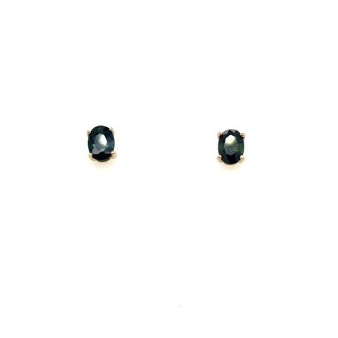 14K yellow gold oval greenish-blue sapphire stud earrings, 2.06 CTW, four-prong minimal setting, 7.06x5.80mm and 6.95x5.04mm individual stones, post backs, contemporary