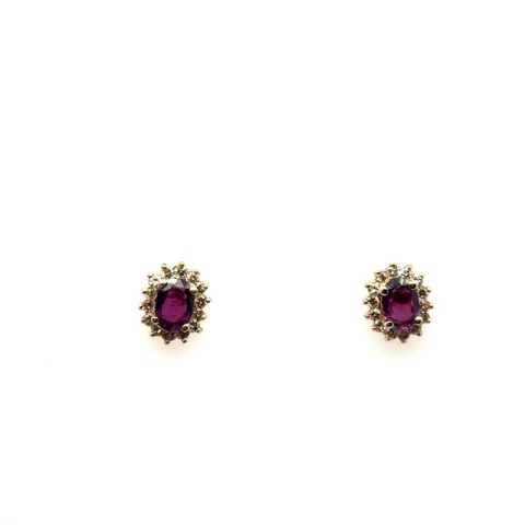 14K yellow gold oval garnet and round brilliant diamond halo cluster stud earrings, approx. 0.84 CTW garnet centers, 0.50 CTW diamond halo accents, four-prong setting, post backs