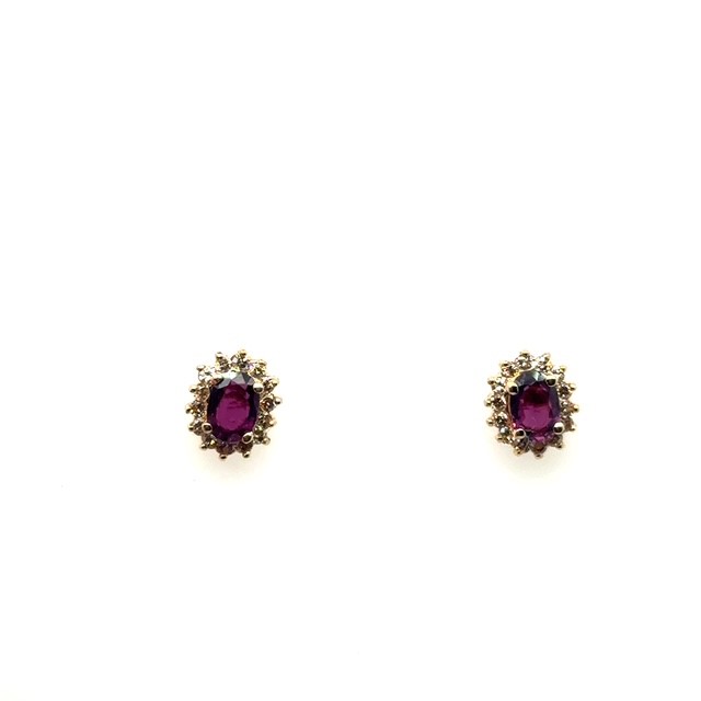 14K yellow gold oval garnet and round brilliant diamond halo cluster stud earrings, approx. 0.84 CTW garnet centers, 0.50 CTW diamond halo accents, four-prong setting, post backs