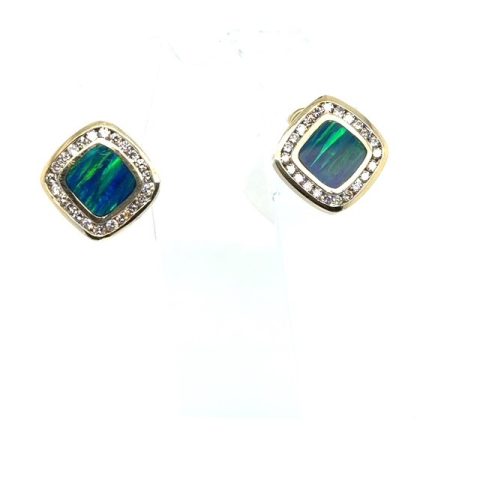 14K yellow gold cushion-form opal doublet and channel-set round brilliant diamond button earrings, approx. 10x10mm opal doublets, 1.24 CTW H-I/SI–I1 diamonds, 23 stones per earring, omega backs, 11.5 grams, early 2000s