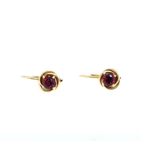 14K yellow gold Mozambique garnet love knot drop earrings, 0.85 CTW round-cut garnets, four-prong center setting, polished love knot surround, French wire backs, 1.4 grams, circa 1980s