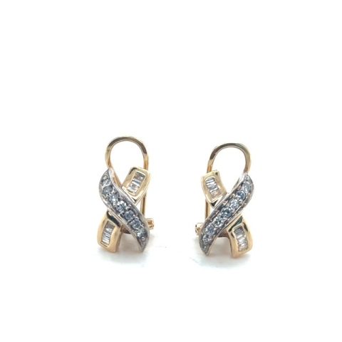 14K two-tone gold round brilliant and baguette diamond X-form clip-on earrings, 0.32 CTW I/SI2–I1, pavé-set crossing band with baguette terminals, yellow gold frame, lever clip backs