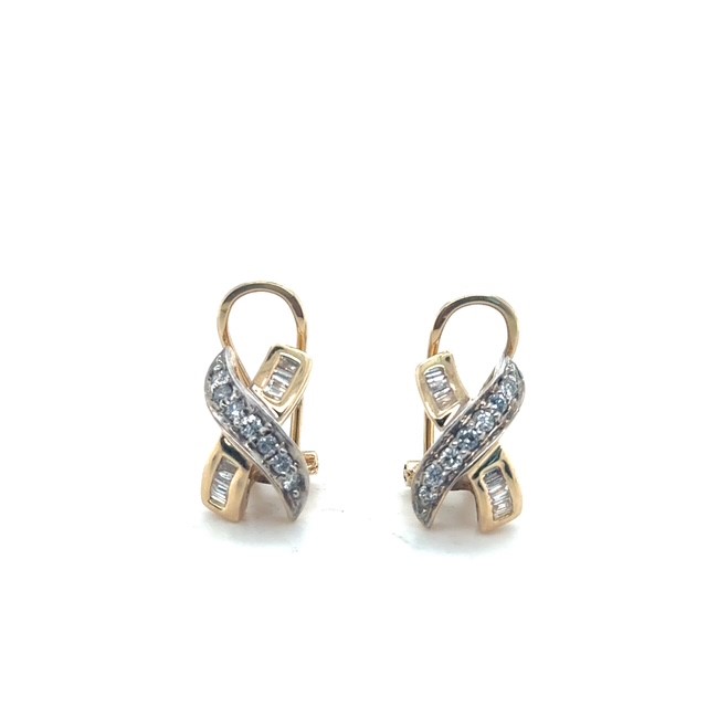 14K two-tone gold round brilliant and baguette diamond X-form clip-on earrings, 0.32 CTW I/SI2–I1, pavé-set crossing band with baguette terminals, yellow gold frame, lever clip backs