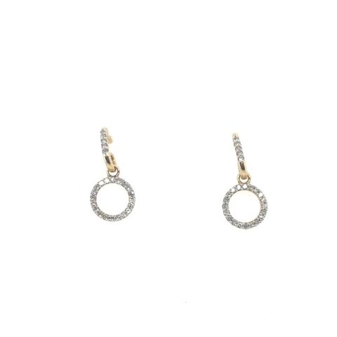 14K yellow gold pavé diamond open circle drop huggie earrings, approx. 0.25 CTW H-I/SI–I1 round brilliant diamonds, pavé huggie hoop with suspended open circle pendant, snap-back closure, contemporary