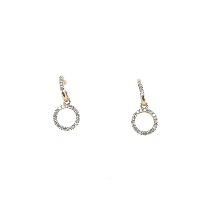 14K yellow gold pavé diamond open circle drop huggie earrings, approx. 0.25 CTW H-I/SI–I1 round brilliant diamonds, pavé huggie hoop with suspended open circle pendant, snap-back closure, contemporary