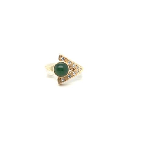 14K yellow gold nephrite and single-cut diamond Art Deco Revival ring, size 5, 6.7 grams, 1960s–70s