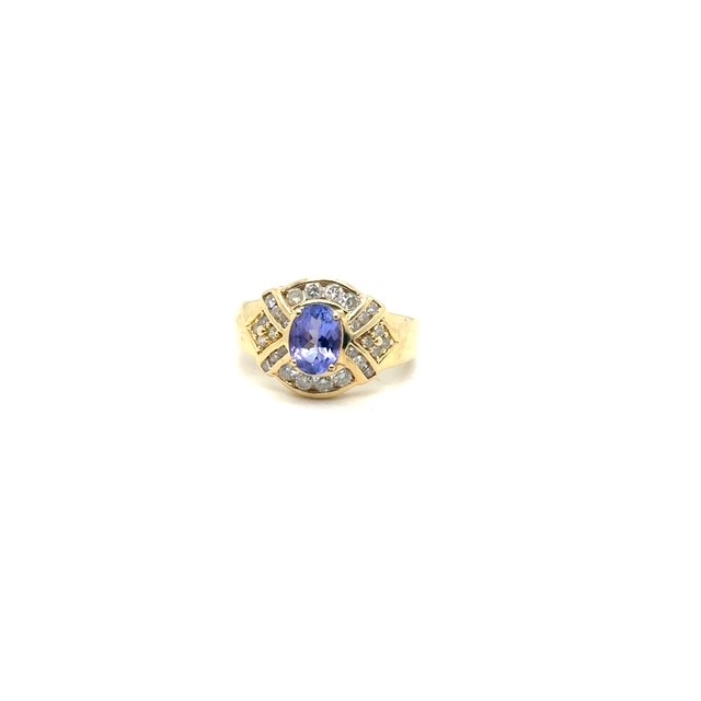 14K yellow gold tanzanite and French-cut diamond ring, 7.5x5.5mm center stone, 0.54 CTW accent diamonds, size 7, 1980s