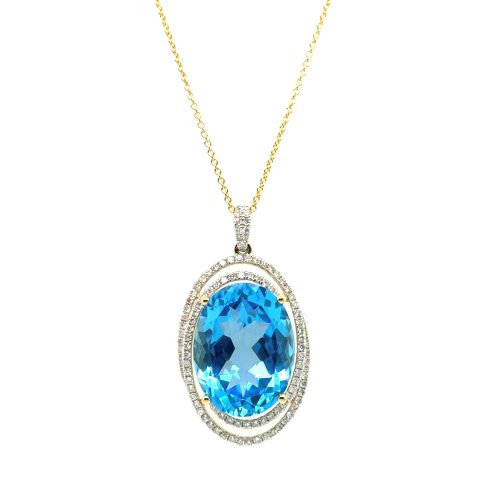 14K yellow gold blue topaz and round brilliant diamond necklace, approx. 19.50 ct blue topaz, approx. 1.00 CTW diamond accents, 18-inch length