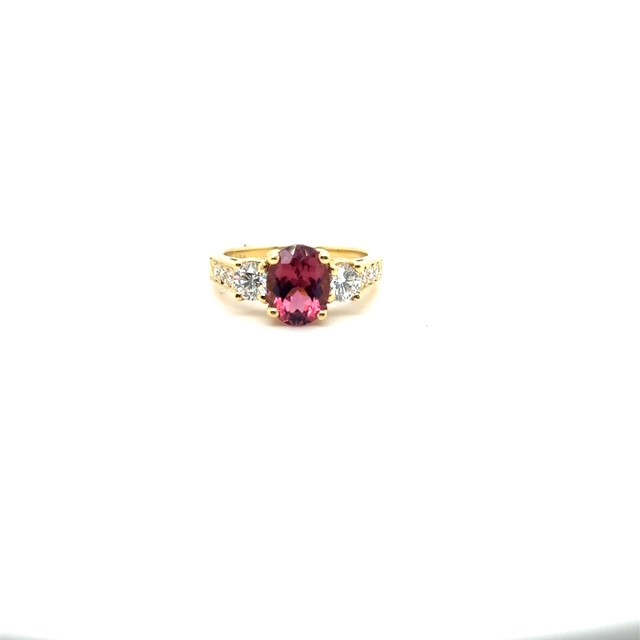 18K yellow gold pink tourmaline and diamond ring, approx. 1.93 ct center stone, 1.00 CTW E-F/VS diamond accents, size 6.5