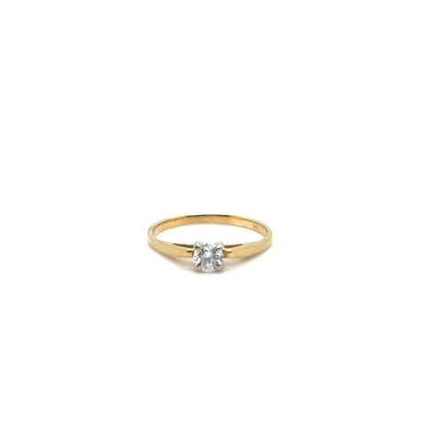 18K yellow gold round brilliant diamond solitaire ring, 0.20 ct G-H/VS–SI center stone, white metal four-prong collet head, plain tapered polished shank, size 5.5, Mid-Century