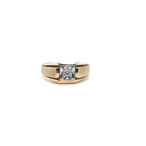 10K two-tone gold round brilliant diamond solitaire ring, approx. 0.08 ct I-J/I1 center stone, white metal square bezel head, brushed textured ridged yellow gold shank, men's style, size 7.5, 3 grams, 1960s