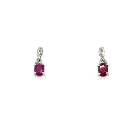 14K white gold oval ruby and round brilliant diamond drop earrings, 1.05 CTW ruby, 0.06 CTW G-H/VS–SI diamond accents, twisted ribbon post, four-prong ruby head, post backs, contemporary