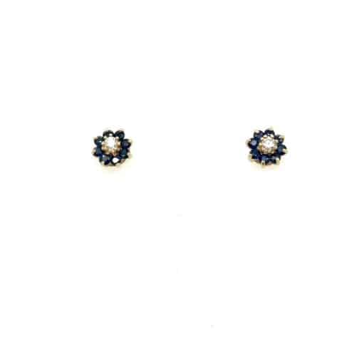 14K yellow gold blue sapphire and round brilliant diamond floral cluster stud earrings, 0.45 CTW sapphire halo, 0.10 CTW G-H/SI diamond centers, shared-prong setting, 1.2 grams, contemporary