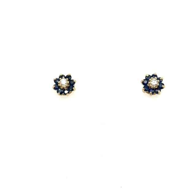 14K yellow gold blue sapphire and round brilliant diamond floral cluster stud earrings, 0.45 CTW sapphire halo, 0.10 CTW G-H/SI diamond centers, shared-prong setting, 1.2 grams, contemporary
