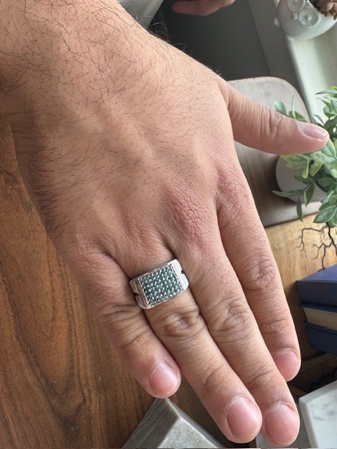 14K white gold treated blue diamond pavé cluster ring, 0.72 CTW I1 clarity, square grid pavé head, wide ribbed grooved shank, men's style, size 9.75