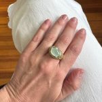 14K yellow gold cabochon prehnite, peridot, and round brilliant diamond ring, approx. 4.6 ct primary stone(s), size 9, 2000s