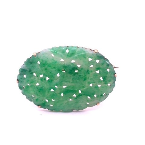 14K yellow gold hand-carved natural green jadeite botanical open-work brooch, Art Deco, purchased in Europe dated 3/13/1926, multi-prong yellow gold frame, pin back, approx. 1⅝" x 1⅛"
