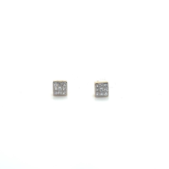 14K two-tone gold princess-cut diamond square cluster stud earrings, 0.25 CTW G-H/VS–SI, four-stone 2x2 grid setting per earring, polished yellow gold square frame, post backs, 1.3 grams, early 2000s