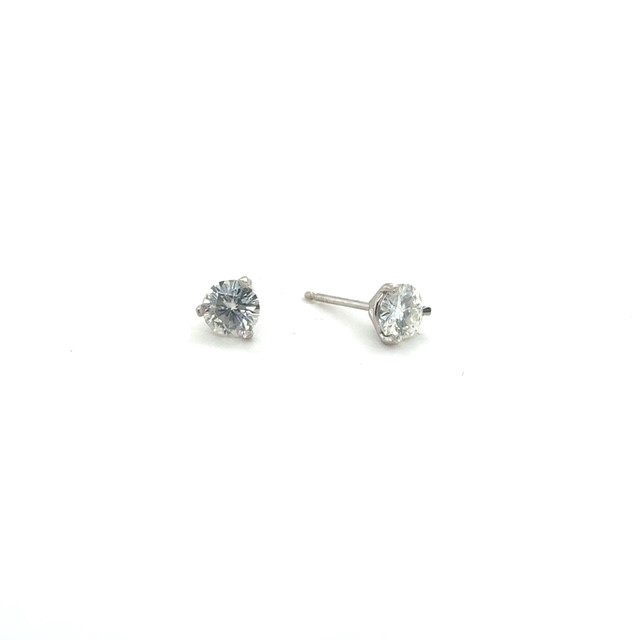 14K white gold round brilliant diamond martini-set solitaire stud earrings, 1.25 CTW H-I/SI1–SI2, three-prong martini setting, friction post butterfly backs, contemporary