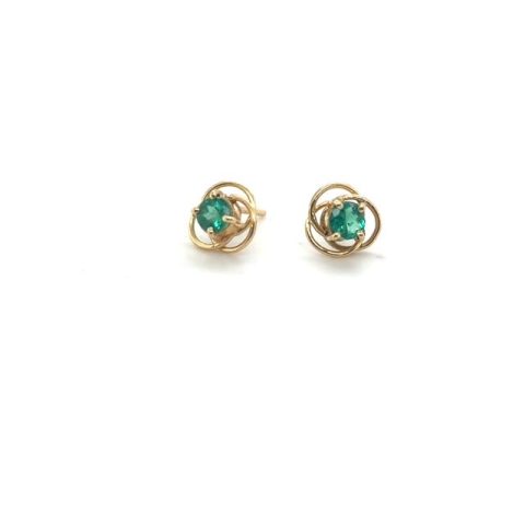 18K yellow gold round emerald love knot stud earrings, approx. 0.35 CTW, three-loop polished love knot surround, prong-set center stones, friction post butterfly backs, 1970s